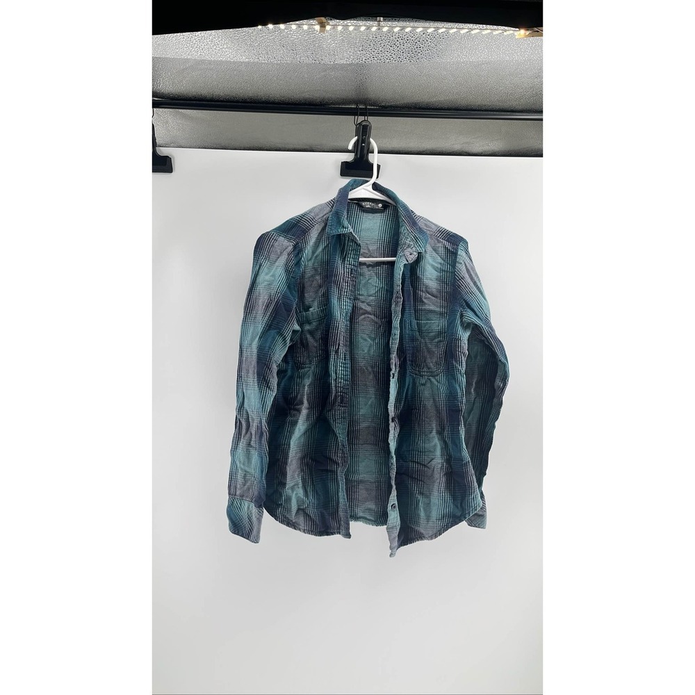 Riders by Lee Womens Small Teal Navy Plaid Long Sleeve Button Down Flannel Shirt